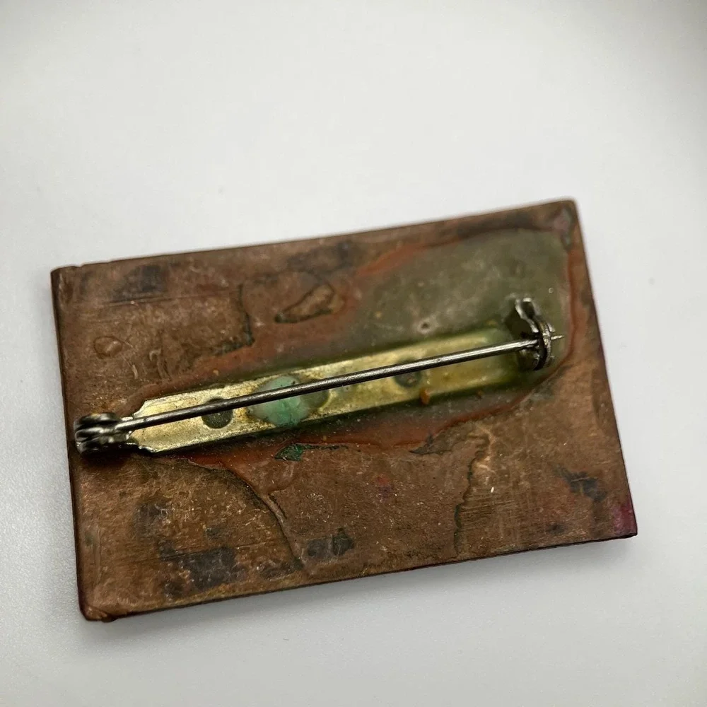 Vintage Multicolor Classic Rectangular‎ Abstract Art Enameled Copper Brooch Pin